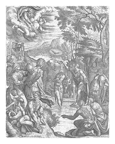 耶稣胸前交叉双臂 在约旦河里由施洗者约翰施洗 父神手里拿着一个国的苹果 就降下圣灵 — 图库照片