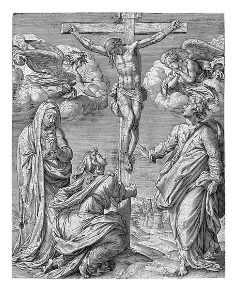 十字架の上のキリスト 二つの天使 ヒエロニムス ウィリックス ポンペオ チェズーラの後 1563年 1619年以前のキリストは 雲の上の空の天使の両側に 十字架にかかっています — ストック写真