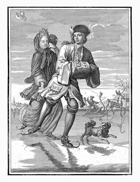 1698年1月至1702年1月 卡斯帕 一对夫妇在一条冰冻的运河上滑冰 一只狗追着他们跑 在背景中 一个城市和一对夫妇坐着一辆雪橇 由一匹马牵着 — 图库照片