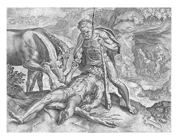 ヘラクレスは 1563年から1595年までの間に フランス人のフロリス1世の後に ディオメデスを馬のコルネリス コートに食べさせ ディオメデスの馬に人間の肉を食べさせた — ストック写真