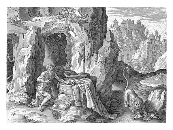 聖ヒエロニムスは砂漠での罰として アントニー ウィリックス Ii代目 ティツィアーノの後 1565年から1604年にかけて聖ヒエロニムスは荒野で十字架の前に跪いた 石を手に持っている — ストック写真