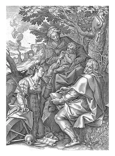 Święta Rodzina Towarzystwie Katarzyny Aleksandryjskiej Hieronima Wierixa Denys Calvaert 1563 — Zdjęcie stockowe