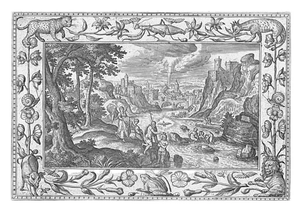 河流景观 在前景中 基督在约旦由施洗约翰施洗 两个天使牵着他的衣服 这个版画有一个摆满鲜花和动物的装饰性框架 — 图库照片