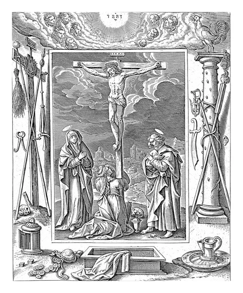 基督钉十字架 安东尼 维鲁瓦 Antonie Wierix 发生在1582 1586年的梅尔腾 德沃斯之后 在十字架下的是玛丽 马格达莱纳 — 图库照片