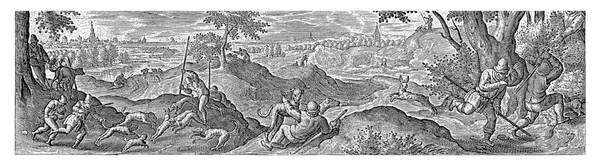 漂泊者从灌木丛中的藏身之处追捕野兔 兔子被狗猎杀 并用长矛射穿 该印刷品有拉丁文字幕 是54幅系列印刷品的一部分 — 图库照片