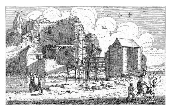 1616年ヤン ファン ベルデ 2代目 の橋で廃墟となった城で馬上と徒歩で2人の人物が城の廃墟に沿って田舎道を歩き 老朽化した木製の橋で — ストック写真