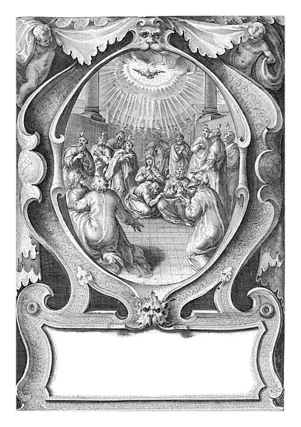 マリアは使徒たちに囲まれた神聖な空間の中心に座っています 聖霊は鳩の形をして 人の上のハロに飛びます — ストック写真