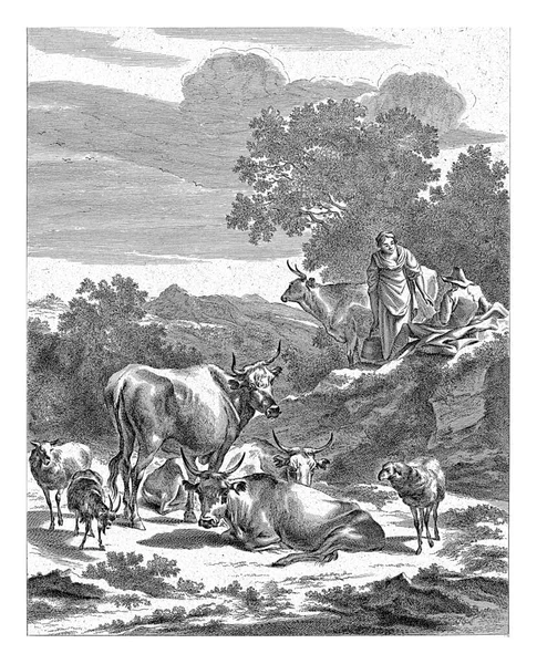 ニコラスPietersz後 バケツ ヴィシャーと羊飼いと羊飼い ベルケム1650年 1701年羊飼いと羊飼いの風景牛と羊の間にバケツ付きの女神 — ストック写真