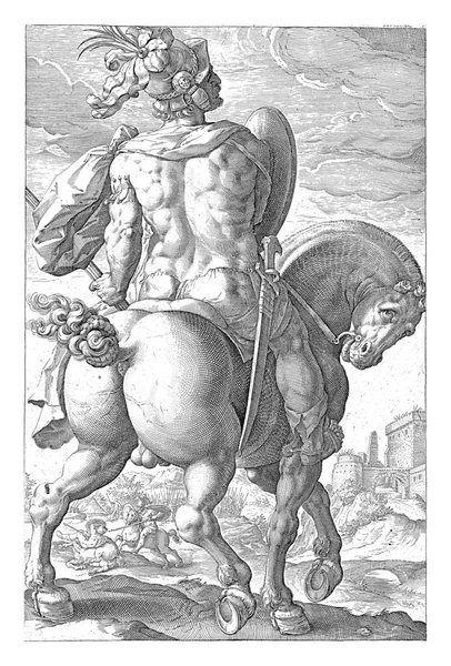 Bohater Titus Manlius Koniu Widziany Tyłu Tle Widać Jak Pokonuje — Zdjęcie stockowe