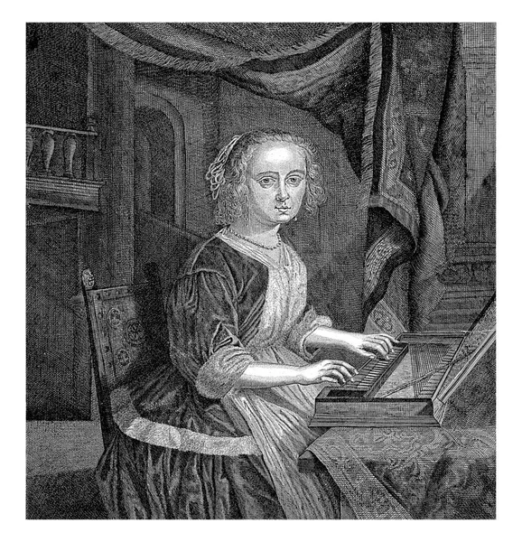Een Jonge Vrouw Speelt Clavichord Onderaan Marge Staat Een Vers — Stockfoto