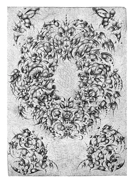 Tekst Znajduje Się Środku Wieńca Stylizowanych Kwiatów Liści Czterema Mniejszymi — Zdjęcie stockowe