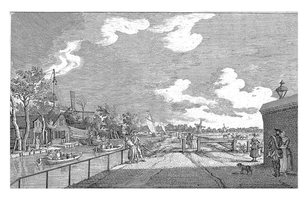 从后来的Rijswijkseplein的Zieken看到的Trekweg和Trekvliet朝向海牙的Delft的视图 在海牙的八张脸系列的印刷品 — 图库照片