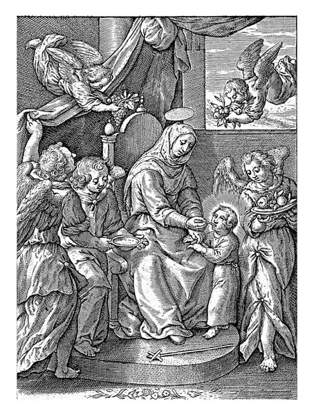 メアリーはキリストの子アントニー ウィリックス Iii に1563年から1619年までヒエロニムス ウィリックス Hieronyus Wierix の後を与え メアリーの前でキリストの子を養う — ストック写真