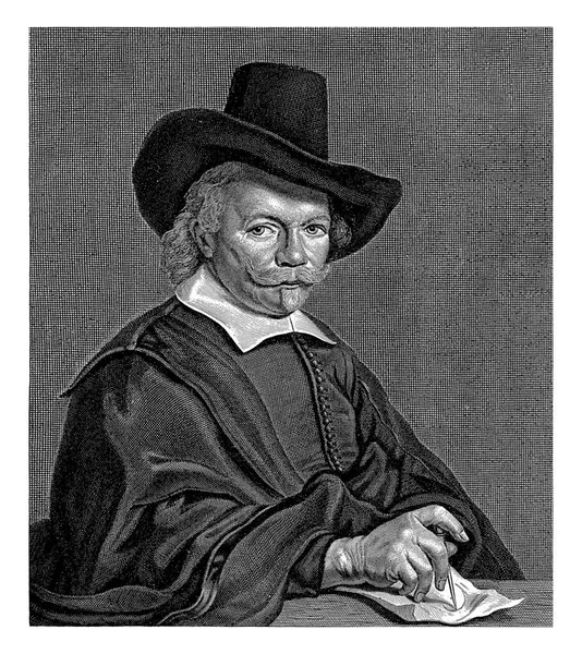 数学者ヤン ピータースの肖像画 彼は目の前の紙の上にコンパスで絵を描く 余白のある — ストック写真