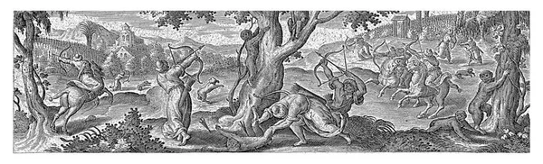 Cavaleiros Caçadores Atirar Com Arcos Flechas Macacos Nas Árvores Impressão — Fotografia de Stock