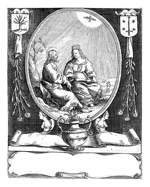 基督坐在他的新娘旁边的一个椭圆形 他手里拿着十字架 她的腿上夹着一本书 在哈莱姆的上角 有两条胳膊 上面挂着康乃馨 — 图库照片