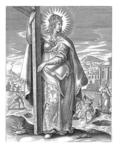 圣赫勒拿 迈克尔 斯奈德斯 1610 1672年圣赫勒拿 站在十字架旁 在背景中 她可以看到拿着铲子在地里的工人是如何寻找十字架的 — 图库照片
