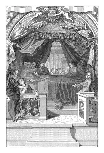 西班牙国王查理二世躺在床上 奄奄一息 一个牧师给他看一个十字架 法庭的法官站在床边 — 图库照片