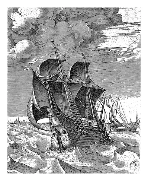 海でのハルクとブイ 遠くにEnkhuizen の街と海岸 手前には溺れた男の体が水の中に浮かんでいる 永禄7年 1564年 — ストック写真