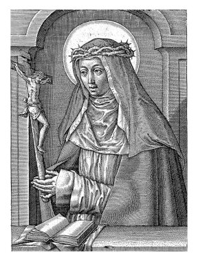 Siena 'lı H. Catherine, Hieronymus Wierix, 1563 - 1619' dan önce Siena 'lı Aziz Catherine bir haç için dua ediyordu. Tütünü peçeli ve üçüncü Dominik tarikatından bir pelerin giyiyor..