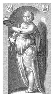 Personification of gluttony, depicted as a fat female figure with a pie, standing in a niche. clipart
