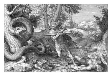 Cadmus, arkadaşlarını yiyen ejderhayı öldürüyor. Performansın altında Latince metnin iki satırı.