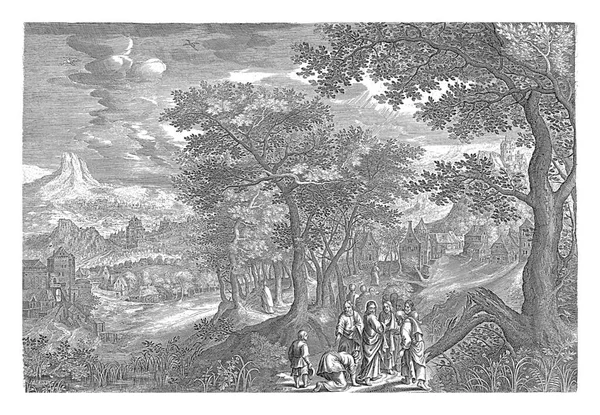 キリストとの山の風景血を流す女ヤン ファン ロンダーセルジル ファン コンキスロ 1601年 1652年山の風景家の散乱グループと — ストック写真