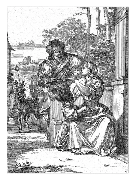 タイトルプリントOf Capricciシリーズ Romeyn Hooghe 1655 1708彼女の膝の上にチェリーのバスケットとバスケットにつかまっている子供を持つ着席女性 — ストック写真