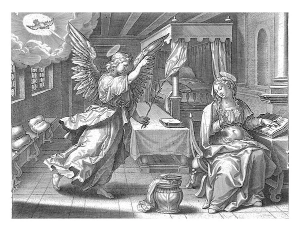 Марія Сидить Стільці Читає Книжку Відвідує Ангел Гавриїл Він Каже — стокове фото