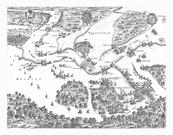 1584年和1585年围攻安特卫普 1680年至1684年围攻安特卫普 船桥中间环绕陆地的平面图 — 图库照片