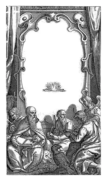 四人の福音伝道者は四人の関連する生き物と書に書いています その上に称号を持つカルトゥーシュ — ストック写真
