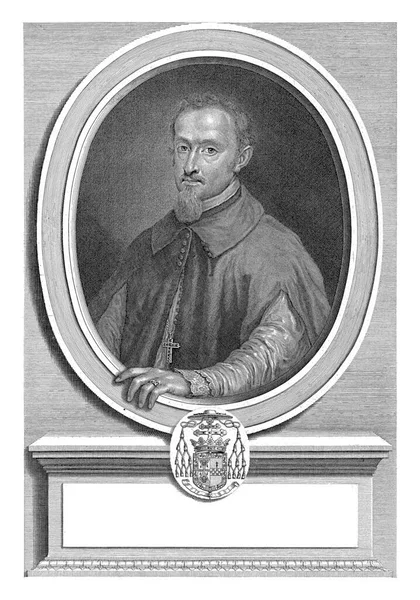 楕円形の基数のバスト アンブロシウス イグナチオ スピノーラは楕円形の枠に手を置いている 肖像画の下に彼の名前とタイトルの台座の上に腕の枢機卿のコート — ストック写真