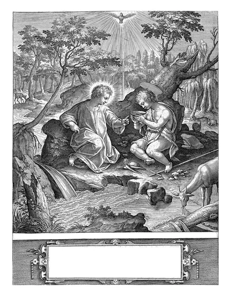 Chrystus Jan Siedzą Nad Strumieniem Wody Duch Święty Unosi Się — Zdjęcie stockowe