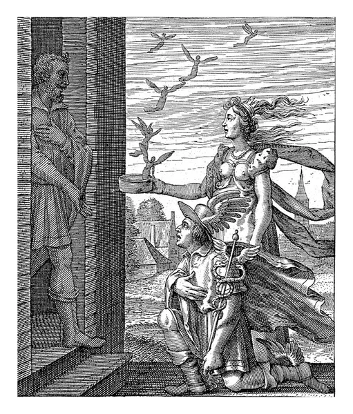 パンドラは彼女の夫エピメテウスに開いた箱を示しています 箱の外には 木星に囲まれた美徳と副作用が飛んでいます パンドラ Pandora の隣に水銀の膝 — ストック写真