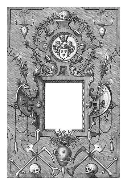 上部のカルトゥーシュは聖ルカのギルドの紋章で ヘルメットと葉のつるに囲まれた砂時計で覆われています 下のカルトゥーシュにはラテン文字が含まれている 一番下には二つのスペードと二つのピックと二つの頭蓋骨 — ストック写真