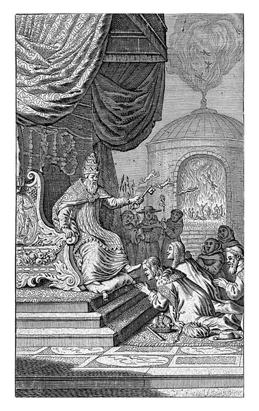 世俗化的君主在教皇面前跪着 隐姓埋名 继1671年的塞缪尔 范霍格斯特拉顿之后 王子们和神职人员们在坐在一位教皇的宝座上跪着 — 图库照片