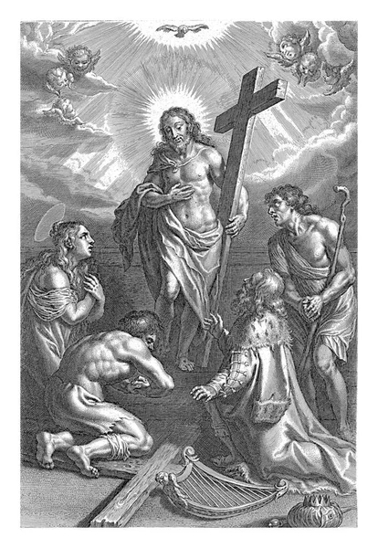 基督与悔改的罪人哥尼利斯 加莱一同站在四个悔改的罪人中间 他们都敬拜耶稣 — 图库照片