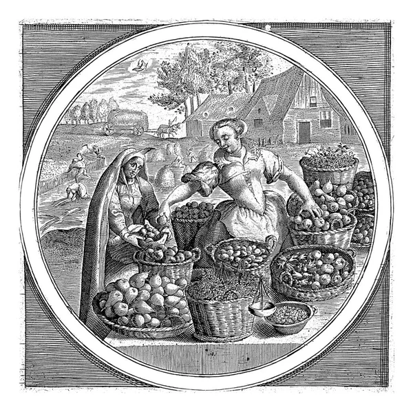Μήνας Αύγουστος Μια Γυναίκα Που Πουλάει Φρούτα Ανάμεσα Καλάθια Φρούτα — Φωτογραφία Αρχείου