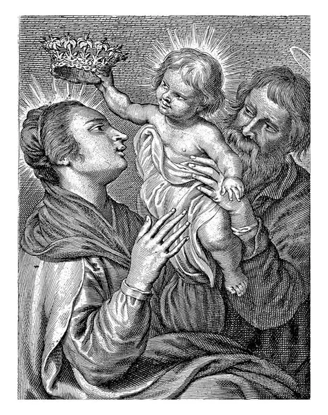 带着基督孩子的约瑟夫把皇冠放在玛丽的头上 — 图库照片