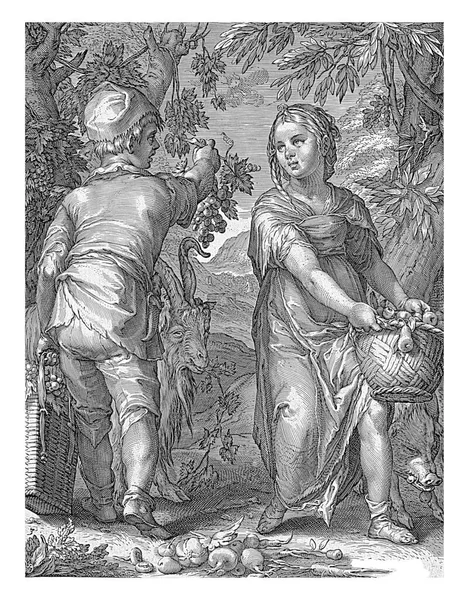 一个男孩和一个女孩在山羊和野猪面前采摘水果 男孩采摘葡萄 女孩提着一篮梨 — 图库照片