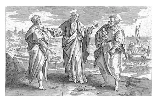 1639年にマーテン ヴォスと弟のアンドレアスがガリラヤ湖のほとりで漁師として働いていた後 アントニー ウィリクスがペテロとアンドレアスを呼んでいます 彼らはキリストに呼び出されます — ストック写真