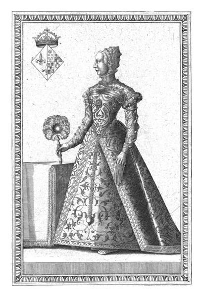 フランス女王カトリーヌ メディチの肖像画で テーブルの左側までの長さ 右手には扇 左手には手袋をしている 彼女の左上の腕のコート — ストック写真