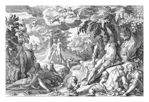 黄金時代の人生の描写 牧歌的な風景の中に裸の男性と女性 果物を食べ 子供と遊ぶ — ストック写真