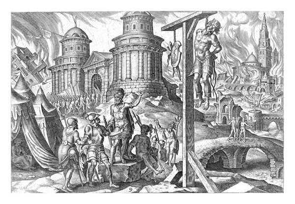 King Hangs Gallows Joshua Stands His Men Gallows Orders Body — Stock Photo, Image