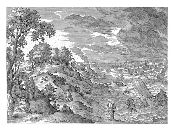 Przybrzeżny Krajobraz Pierwszym Planie Lewej Chrystusa Swoimi Uczniami Prawej Chrystus — Zdjęcie stockowe