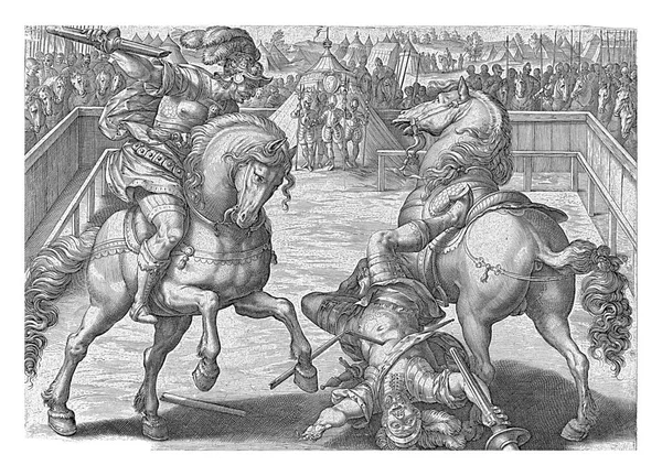 Giovanni Medici Właśnie Strącił Przeciwnika Konia Swoją Lancą Wewnątrz Ogrodzenia — Zdjęcie stockowe