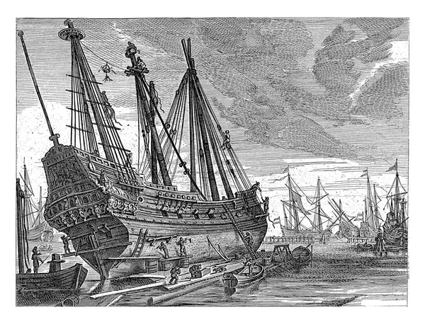 Друк Частиною Шестичастинної Серії Зображує Різні Вітрильні Кораблі — стокове фото