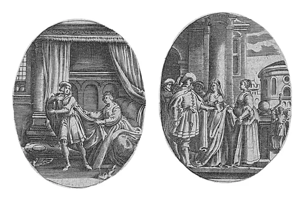 Links Ein Innenraum Dem Joseph Von Potiphars Frau Seinem Mantel — Stockfoto