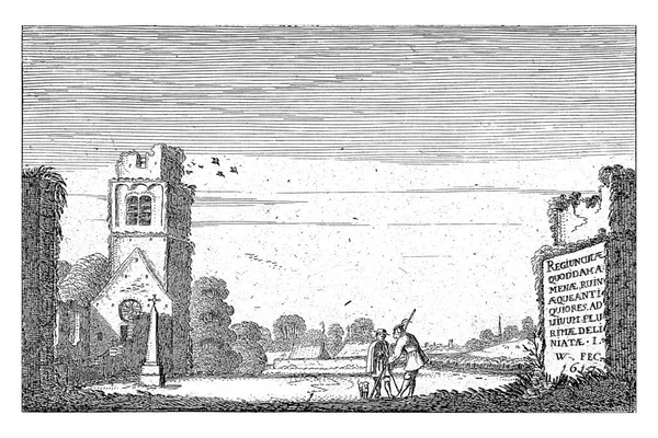 两个人在一座教堂的废墟中 Jan Van Velde 1617两个在谈话的人和一只在风景中的狗 左边是一座教堂的废墟 二十个系列中的第一个印刷版 — 图库照片