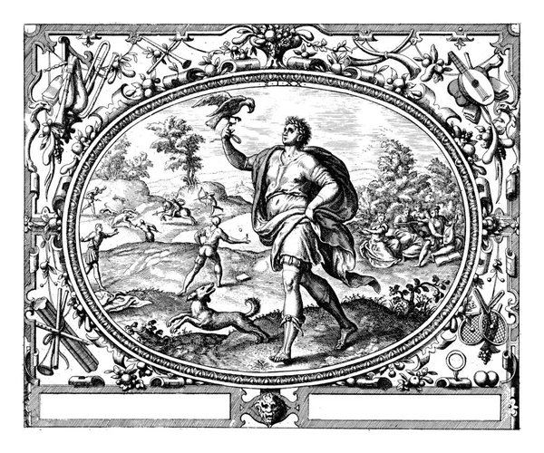 stock image In an oval frame, decorated with ornaments, a representation of a young man on a falcon hunt. In the background, boys are engaged in hunting, sports and games.